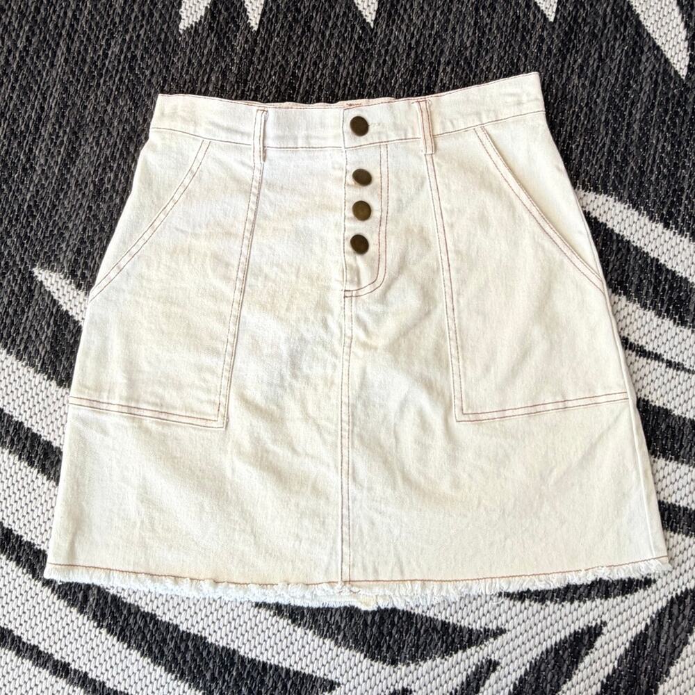 Salty by Andie Y White Denim Mini Skirt Button Front Raw Hem Medium